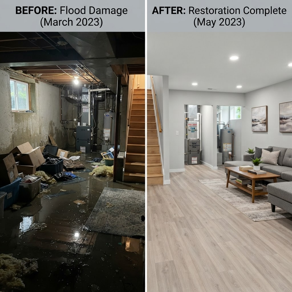 Water damage restoration — before and after