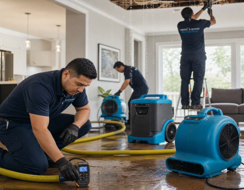 Above & Beyond Restoration technicians cleaning up water damage inside a home
